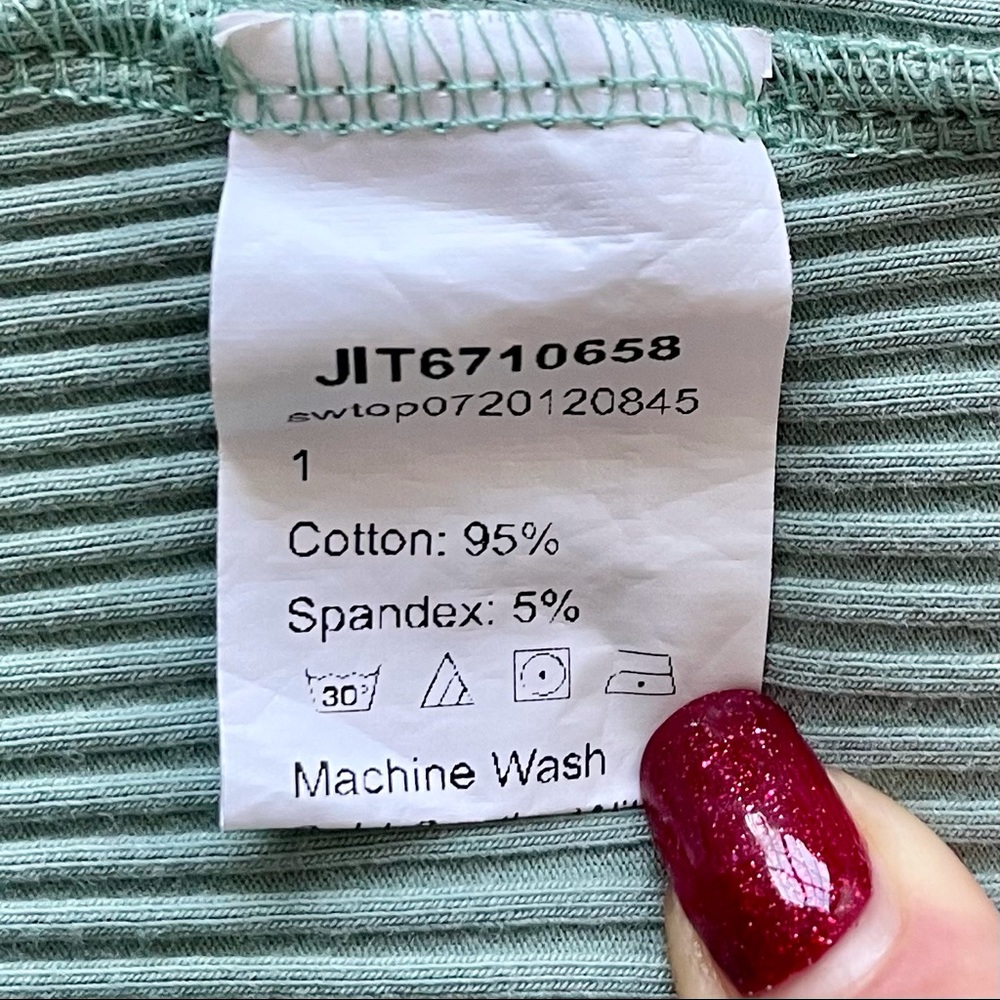 SHEIN V-Neck Tie Front Short Sleeve Ribbed Cropped Seafoam Green Top w/Lace Med. - Picture 5 of 10